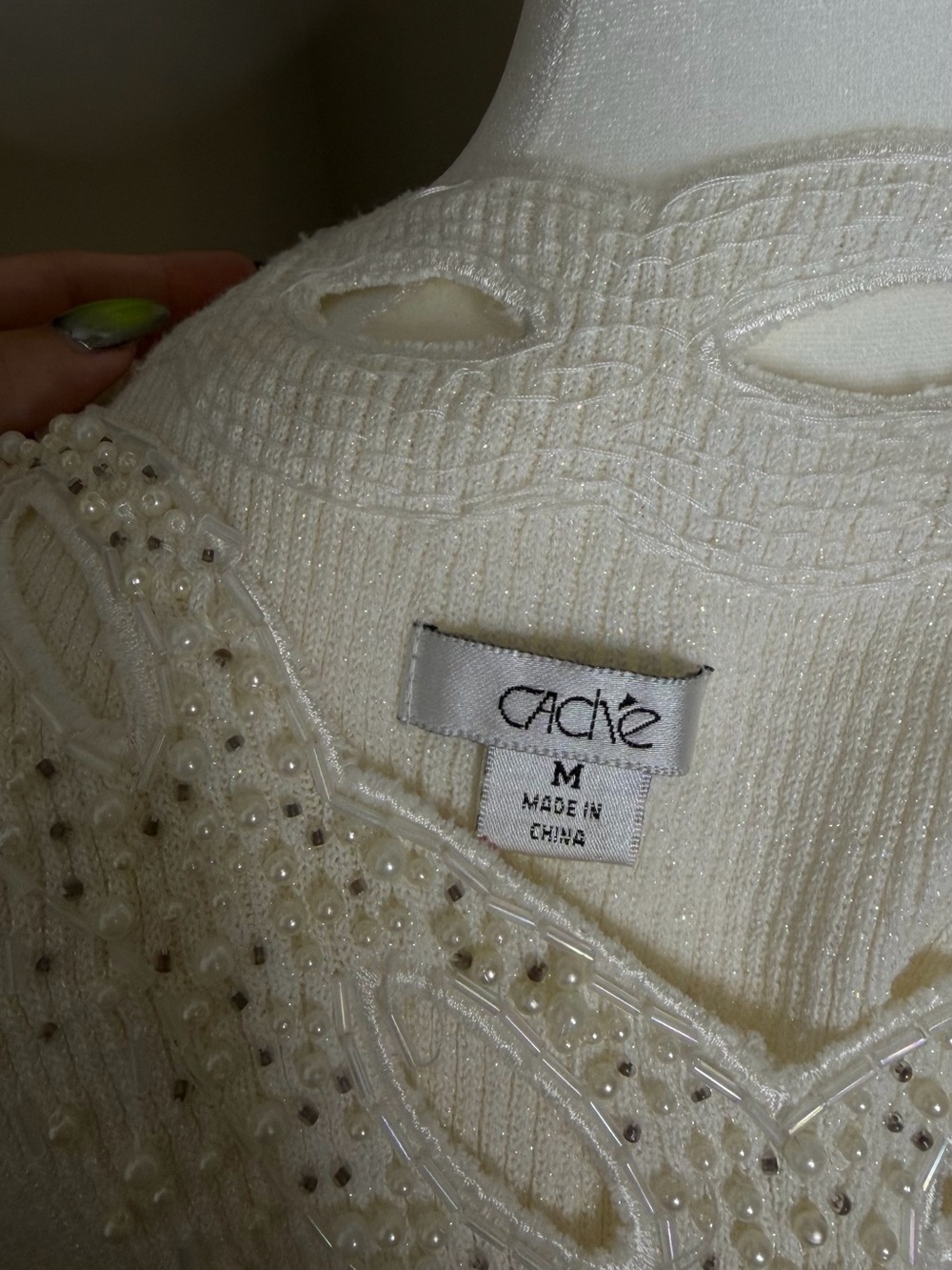 Vtg Cache Pearl-Embellished Ribbed Tank Top - Cream - Size M - Picture 3 of 4